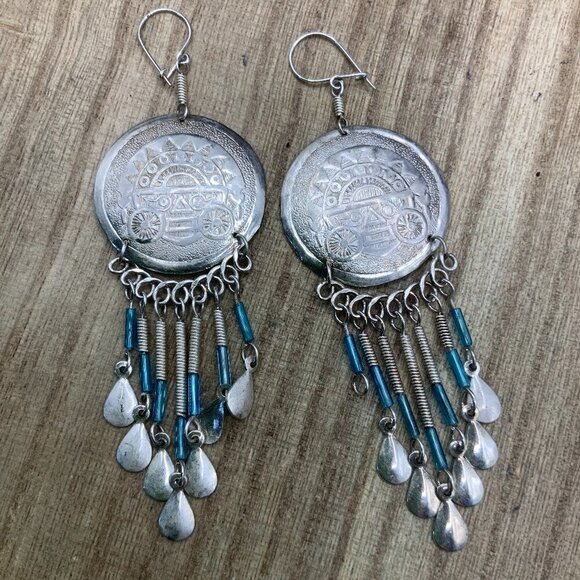 Peruvian Handmade Coin Silver Tone Dangling Hook Earrings - Picture 1 of 7